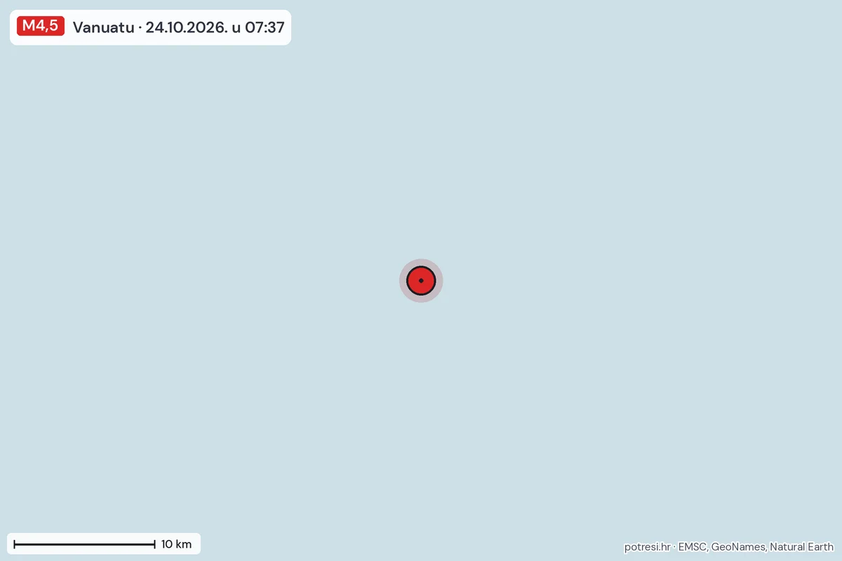 Karta: okolica epicentra, 60 km, potres M4,5, Vanuatu, 24.10.2026.