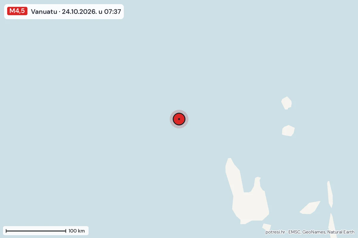 Karta: šire područje, 600 km, potres M4,5, Vanuatu, 24.10.2026.