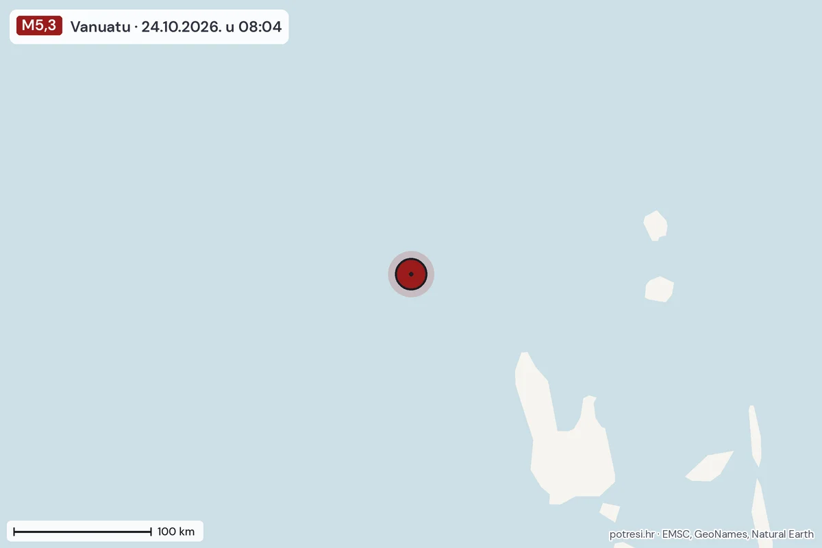 Karta: šire područje, 600 km, potres M5,3, Vanuatu, 24.10.2026.