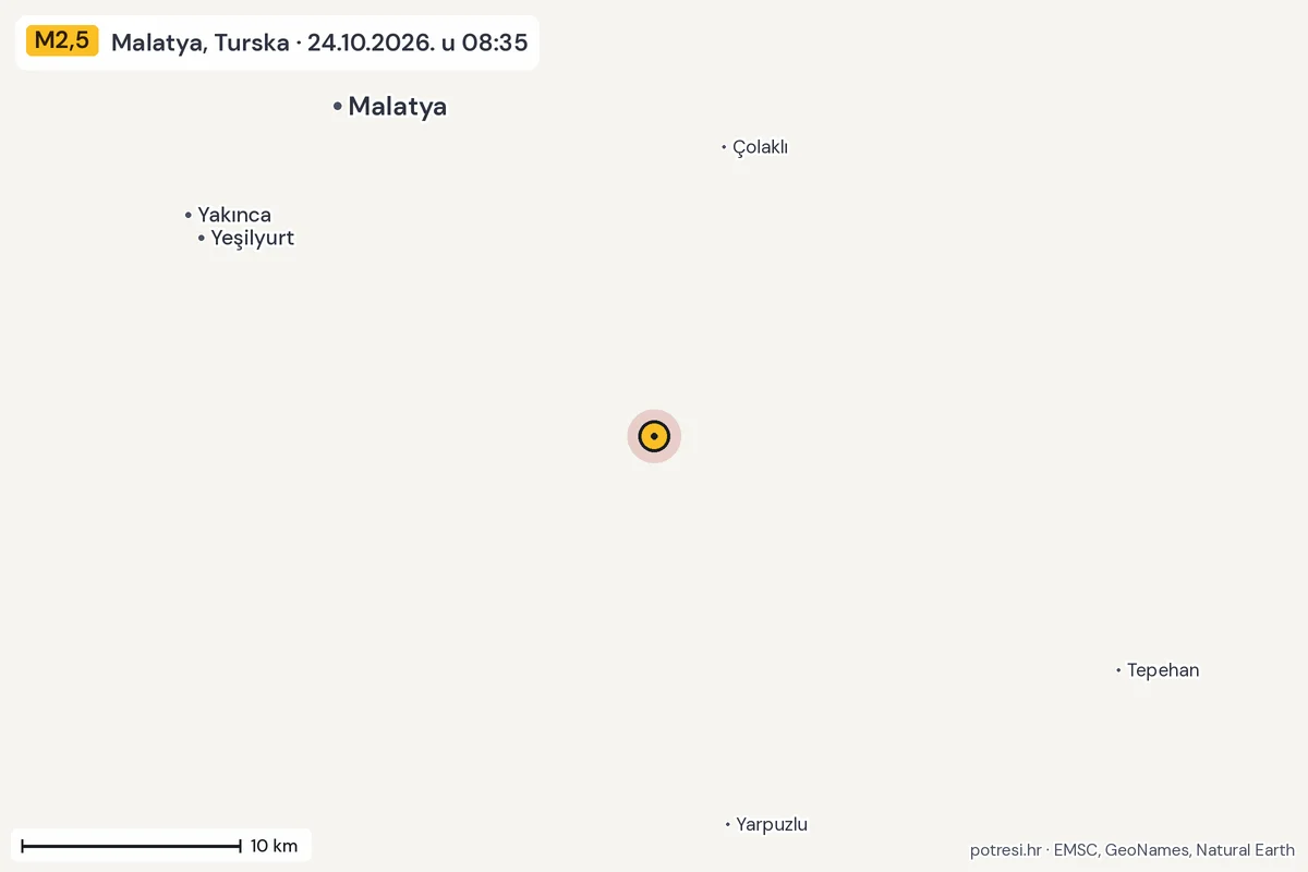 Karta: okolica epicentra, 60 km, potres M2,5, Malatya, Turska, 24.10.2026.