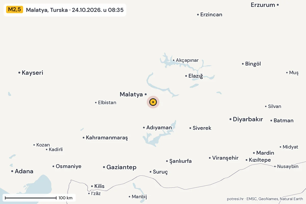 Karta: šire područje, 600 km, potres M2,5, Malatya, Turska, 24.10.2026.
