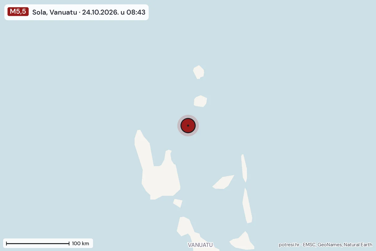 Karta: šire područje, 600 km, potres M5,5, Sola, Vanuatu, 24.10.2026.
