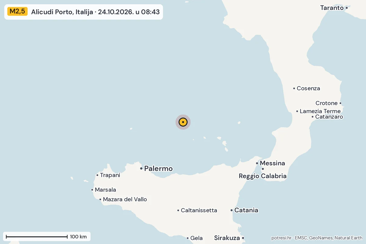 Karta: šire područje, 600 km, potres M2,5, Alicudi Porto, Italija, 24.10.2026.