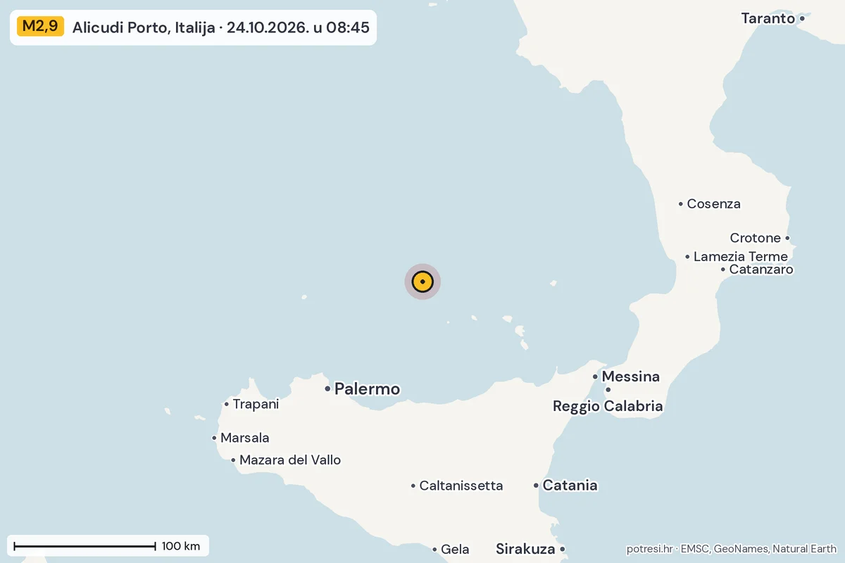 Karta: šire područje, 600 km, potres M2,9, Alicudi Porto, Italija, 24.10.2026.