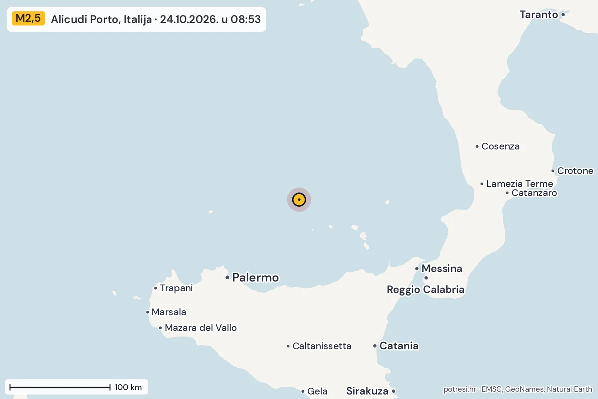 Karta: šire područje, 600 km, potres M2,5, Alicudi Porto, Italija, 24.10.2026.