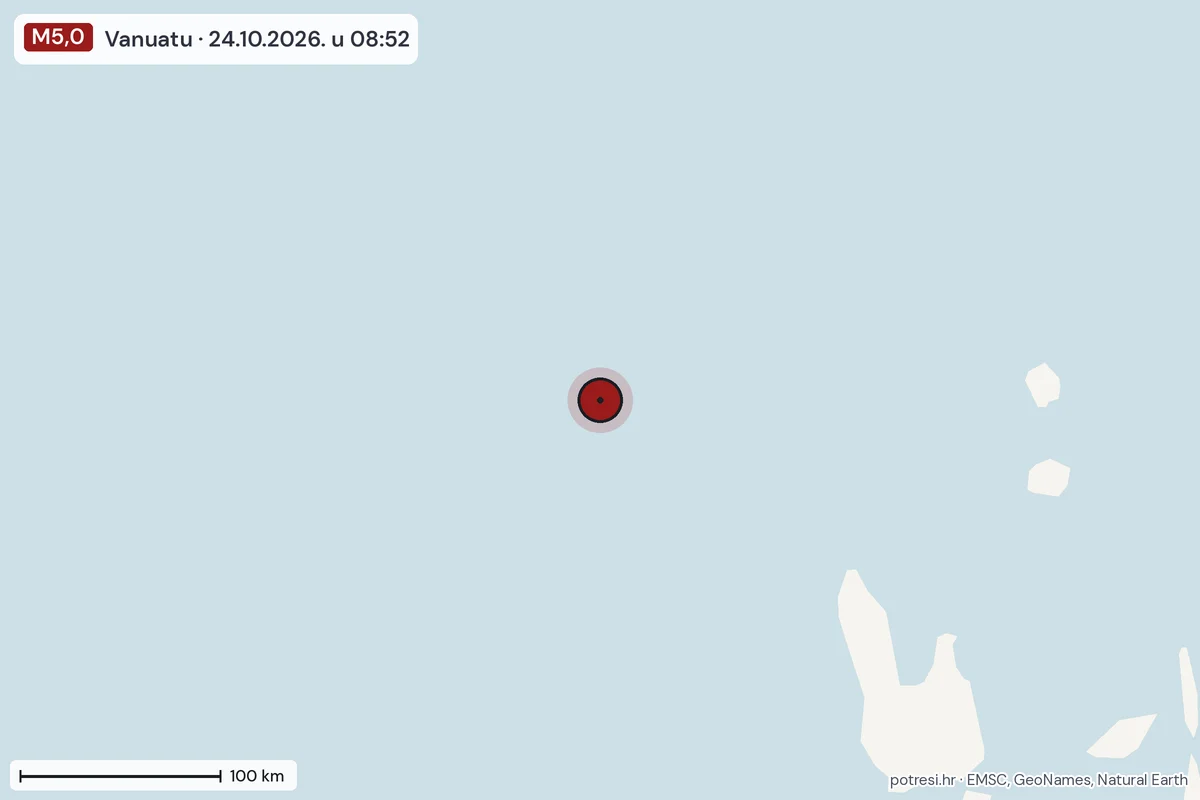 Karta: šire područje, 600 km, potres M5,0, Vanuatu, 24.10.2026.