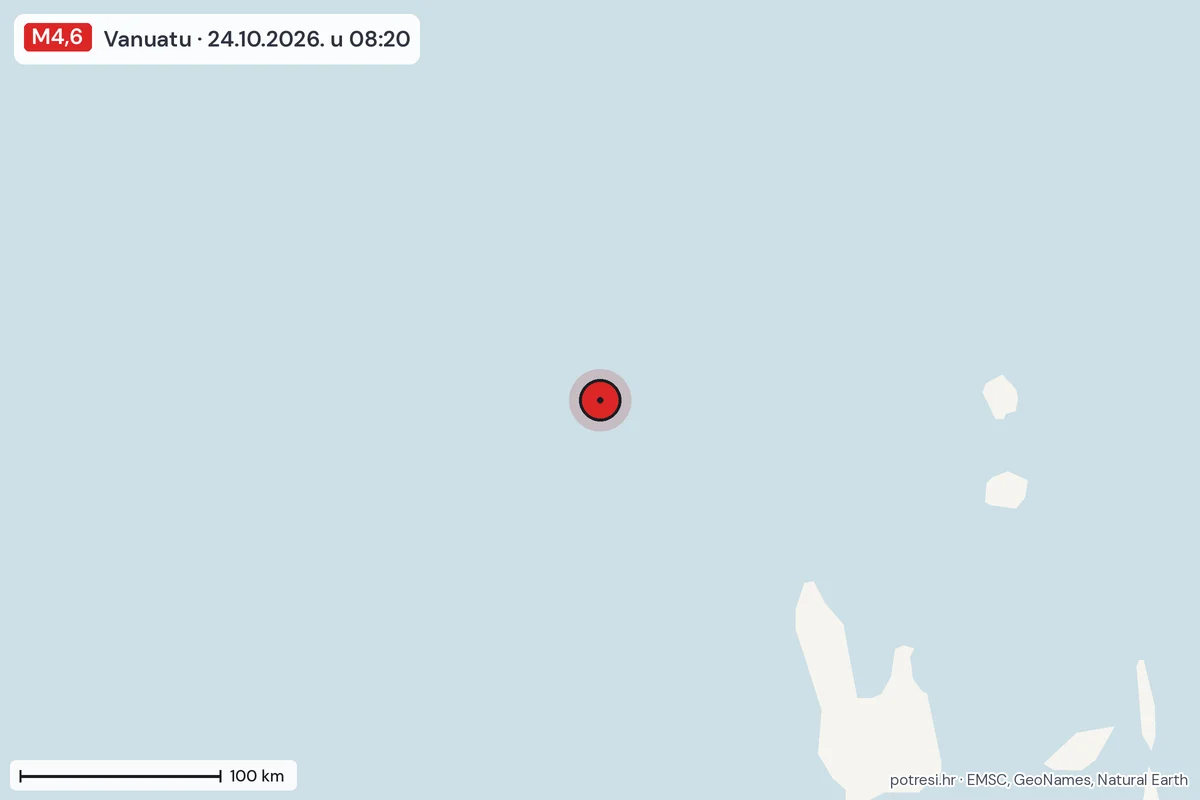 Karta: šire područje, 600 km, potres M4,6, Vanuatu, 24.10.2026.