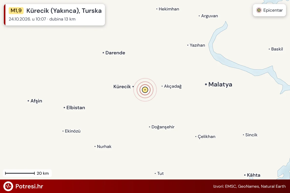 Karta: šire područje i vjerojatni doseg osjeta, potres M1,9, Kürecik (Yakınca), Turska, 24.10.2026.