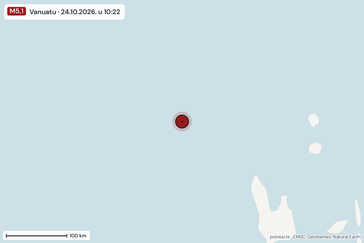 Karta: šire područje, 600 km, potres M5,1, Vanuatu, 24.10.2026.