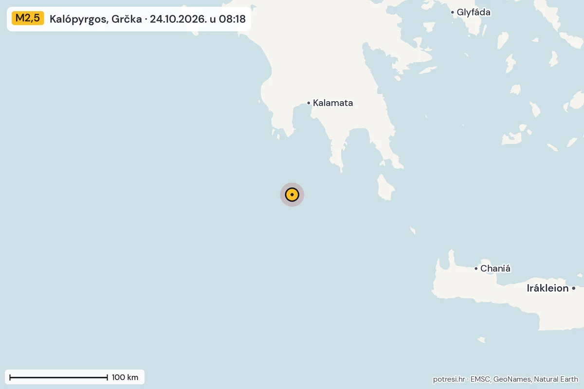 Karta: šire područje, 600 km, potres M2,5, Kalópyrgos, Grčka, 24.10.2026.
