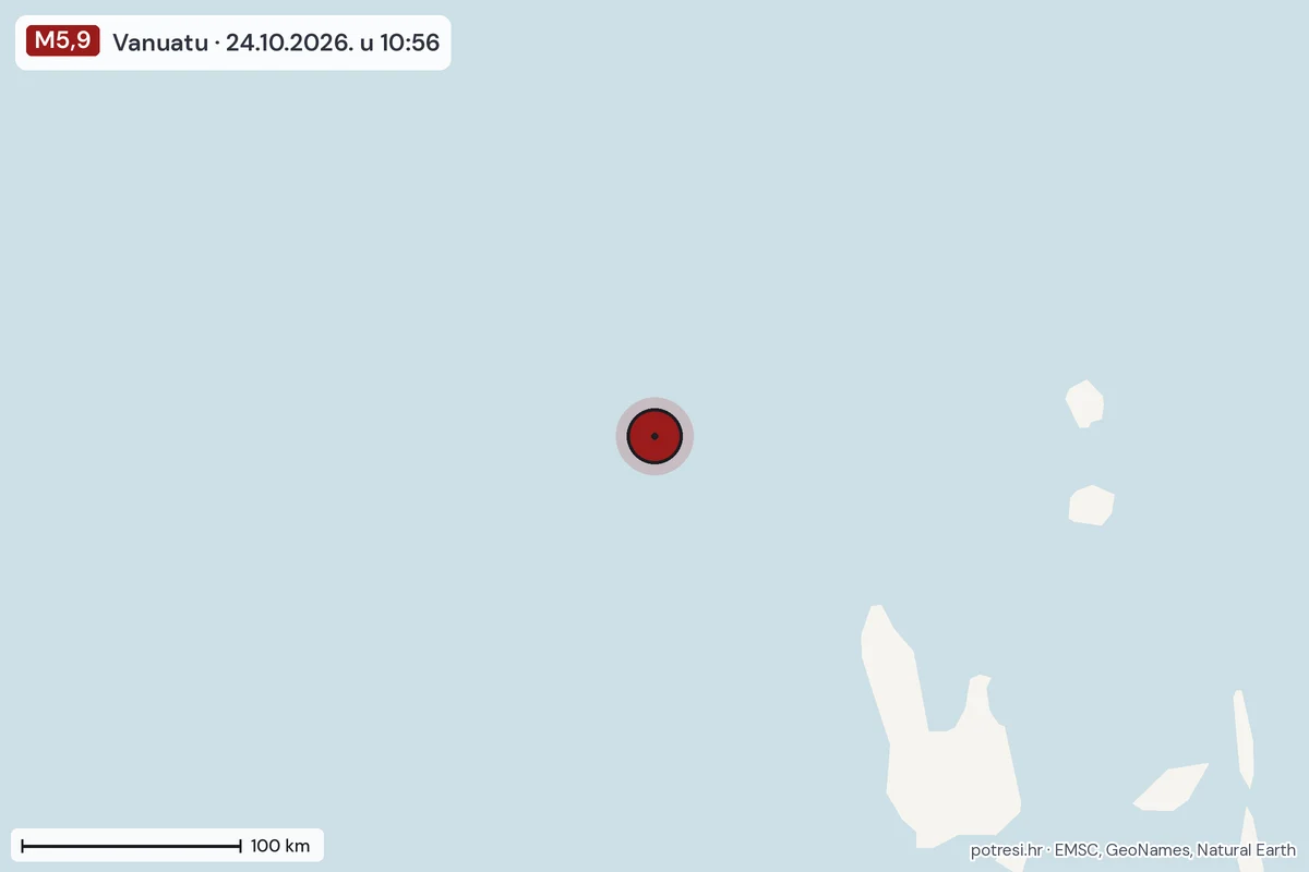 Karta: šire područje, 600 km, potres M5,9, Vanuatu, 24.10.2026.