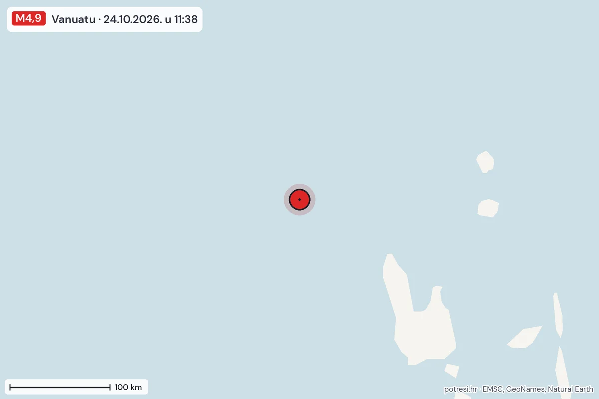 Karta: šire područje, 600 km, potres M4,9, Vanuatu, 24.10.2026.
