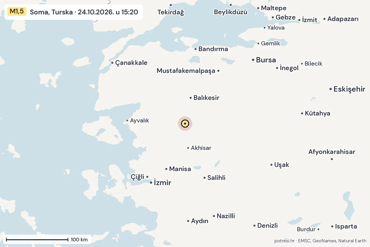 Karta: šire područje, 600 km, potres M1,5, Soma, Turska, 24.10.2026.