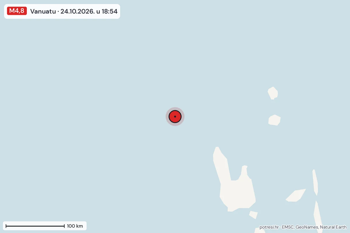 Karta: šire područje, 600 km, potres M4,8, Vanuatu, 24.10.2026.
