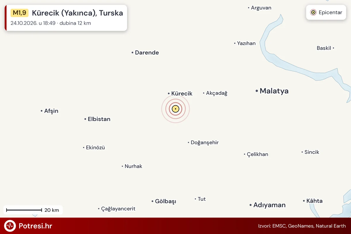 Karta: šire područje i vjerojatni doseg osjeta, potres M1,9, Kürecik (Yakınca), Turska, 24.10.2026.