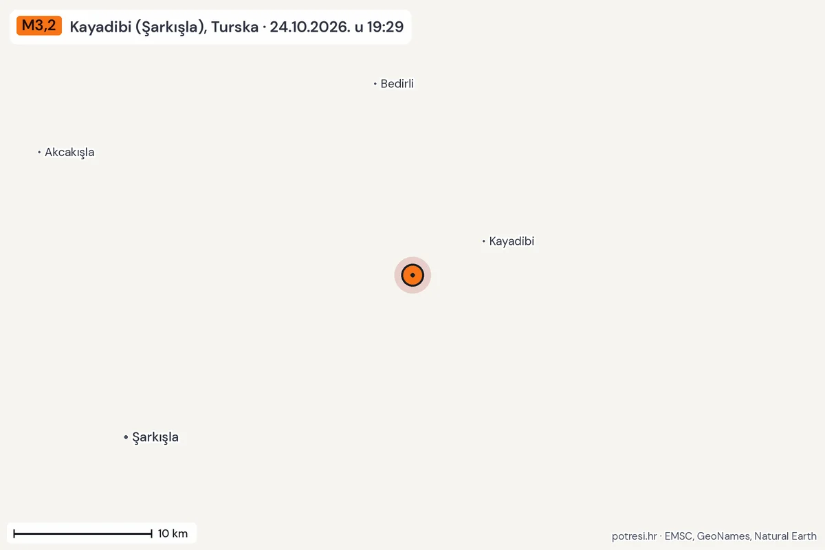Karta: okolica epicentra, 60 km, potres M3,2, Kayadibi (Şarkışla), Turska, 24.10.2026.