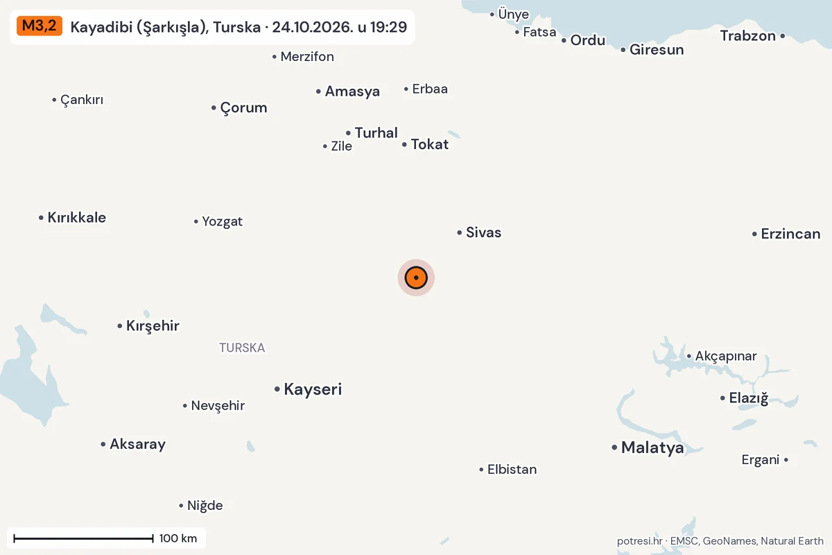 Karta: šire područje, 600 km, potres M3,2, Kayadibi (Şarkışla), Turska, 24.10.2026.