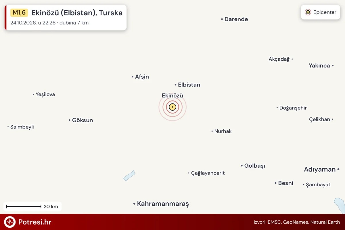 Karta: šire područje i vjerojatni doseg osjeta, potres M1,6, Ekinözü (Elbistan), Turska, 24.10.2026.