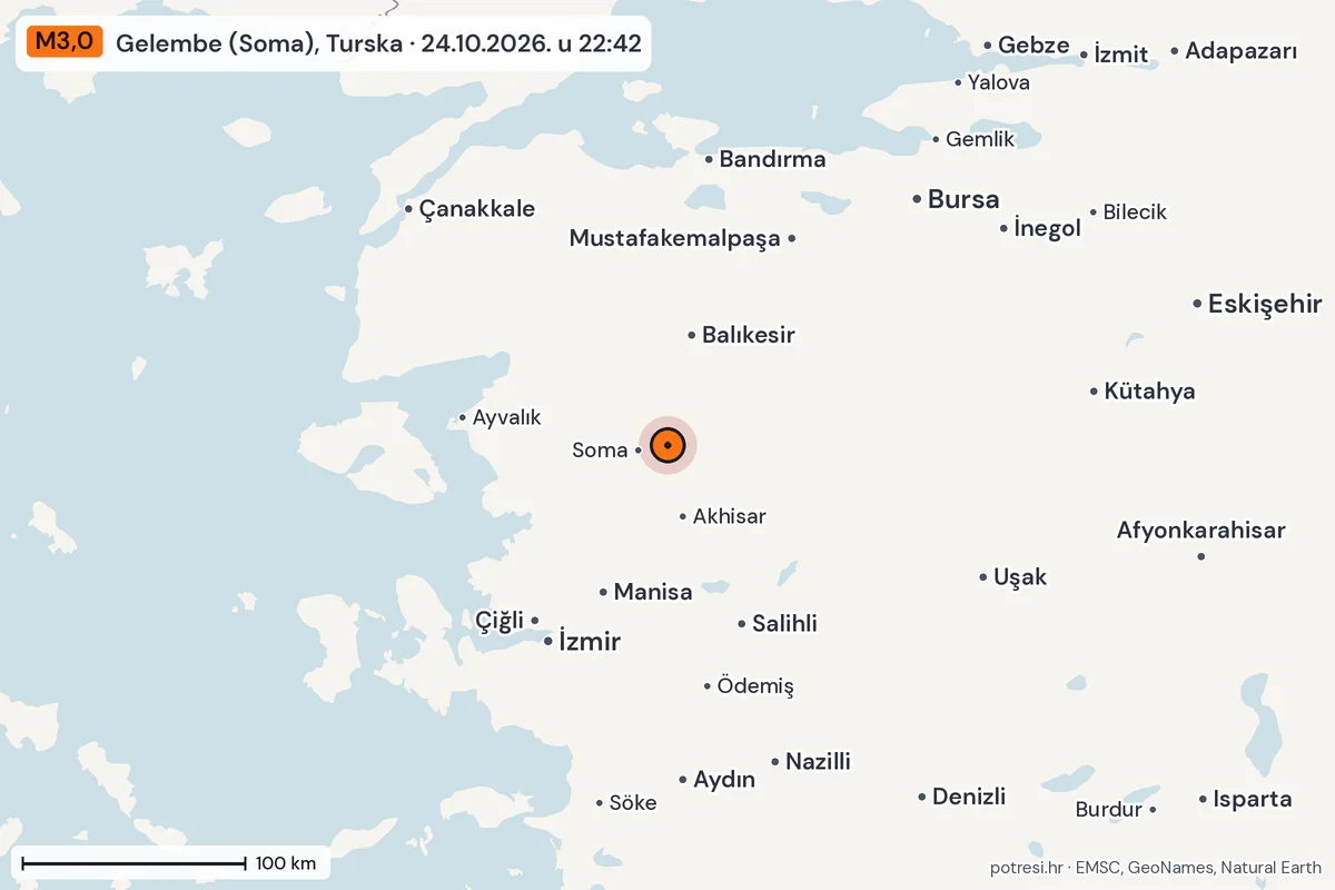 Karta: šire područje, 600 km, potres M3,0, Gelembe (Soma), Turska, 24.10.2026.