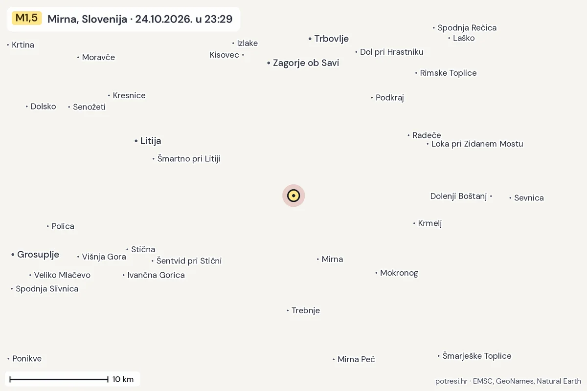 Karta: okolica epicentra, 60 km, potres M1,5, Mirna, Slovenija, 24.10.2026.