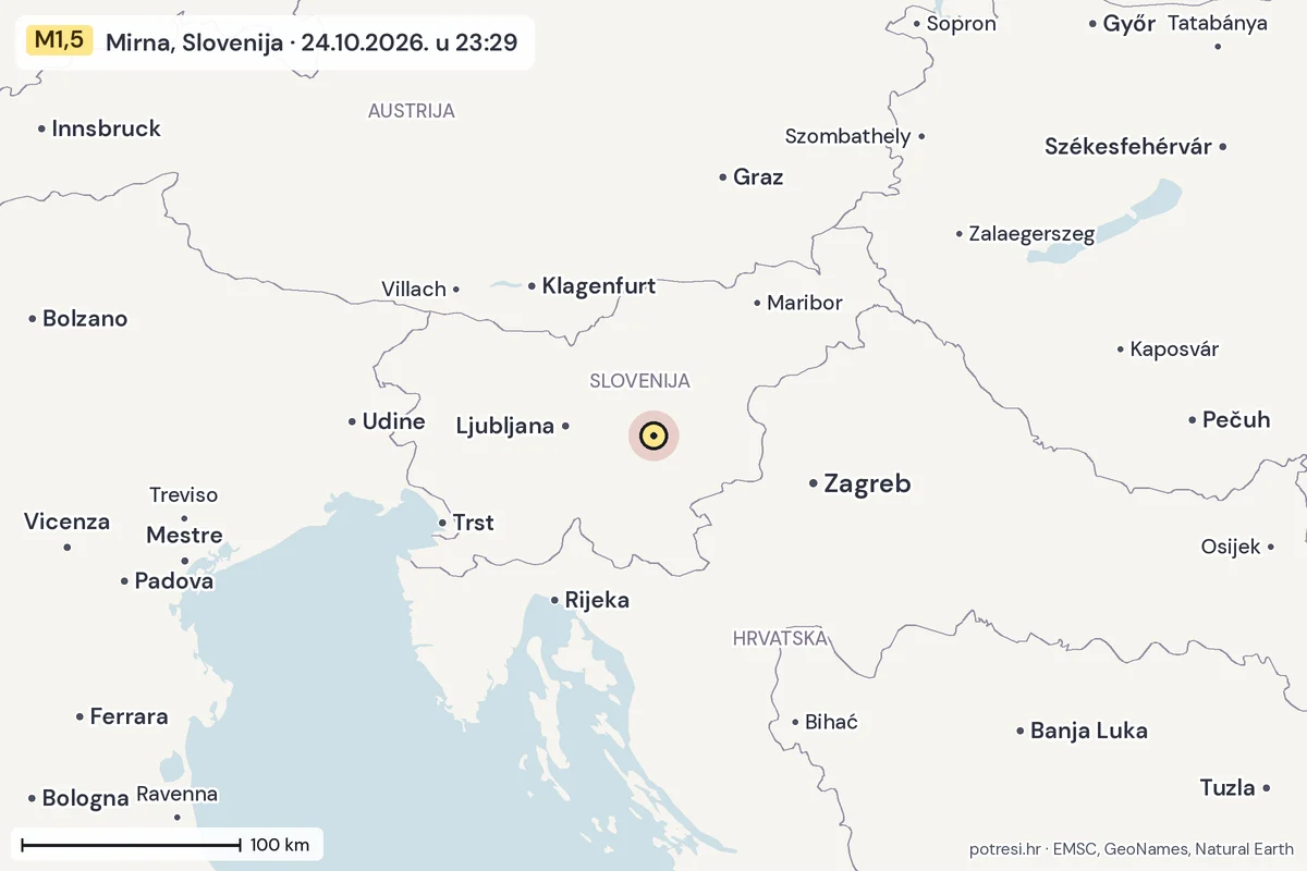 Karta: šire područje, 600 km, potres M1,5, Mirna, Slovenija, 24.10.2026.