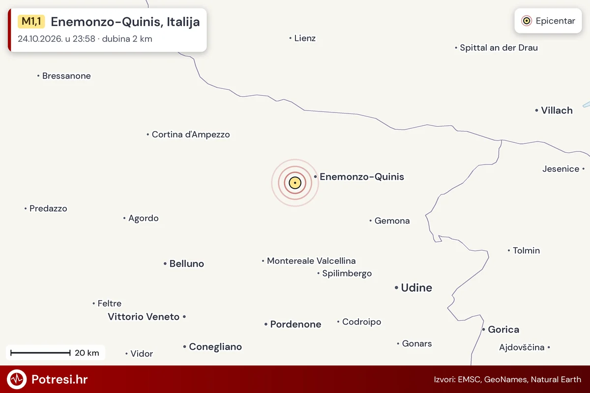 Karta: šire područje i vjerojatni doseg osjeta, potres M1,1, Enemonzo-Quinis, Italija, 24.10.2026.