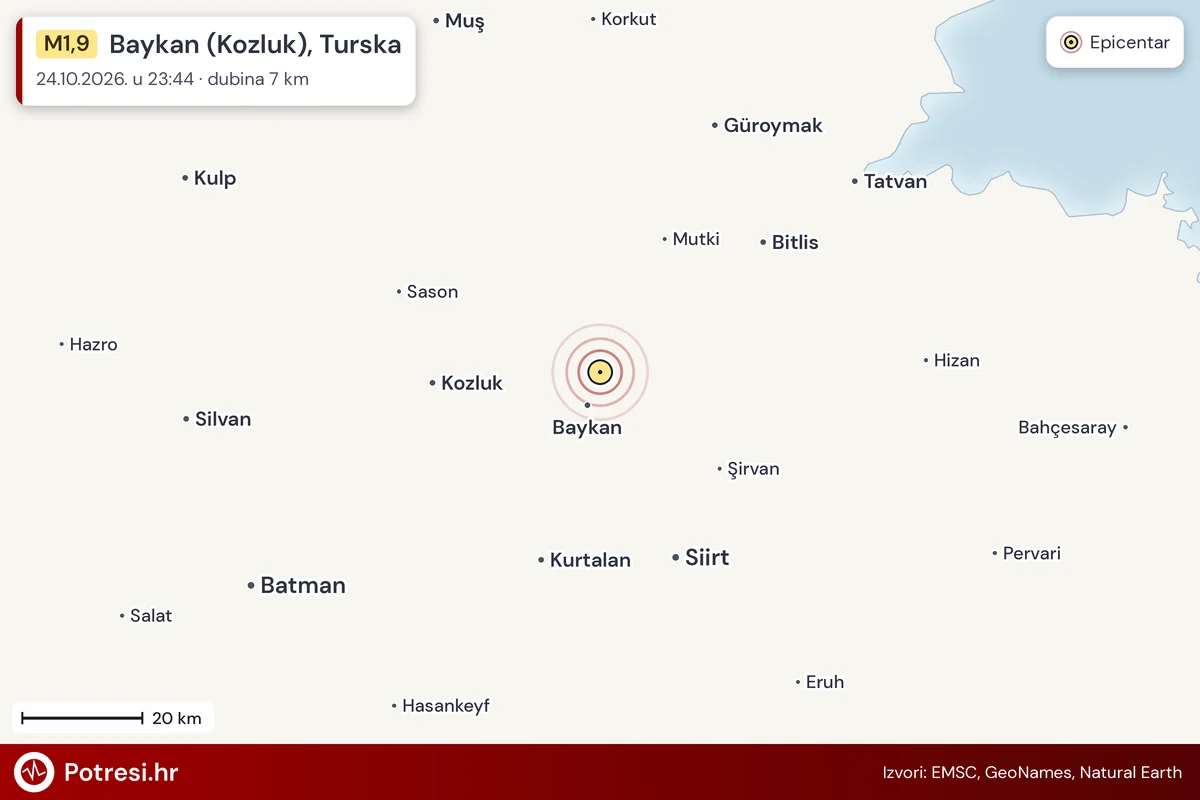Karta: šire područje i vjerojatni doseg osjeta, potres M1,9, Baykan (Kozluk), Turska, 24.10.2026.