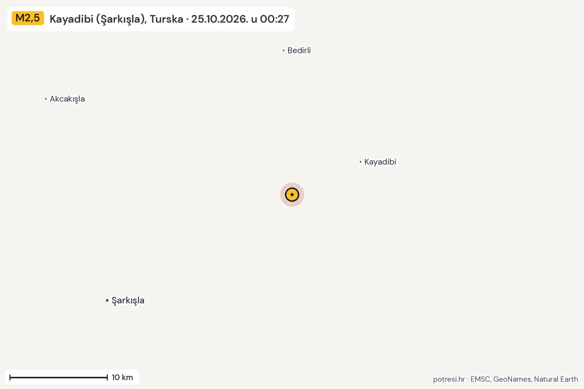 Karta: okolica epicentra, 60 km, potres M2,5, Kayadibi (Şarkışla), Turska, 25.10.2026.