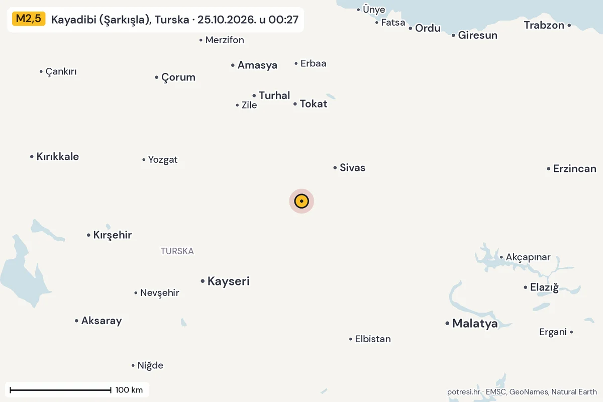 Karta: šire područje, 600 km, potres M2,5, Kayadibi (Şarkışla), Turska, 25.10.2026.