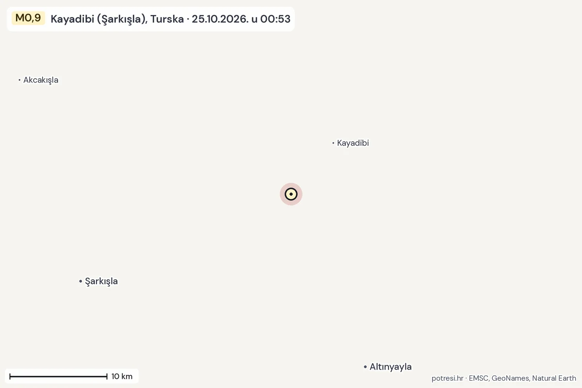 Karta: okolica epicentra, 60 km, potres M0,9, Kayadibi (Şarkışla), Turska, 25.10.2026.