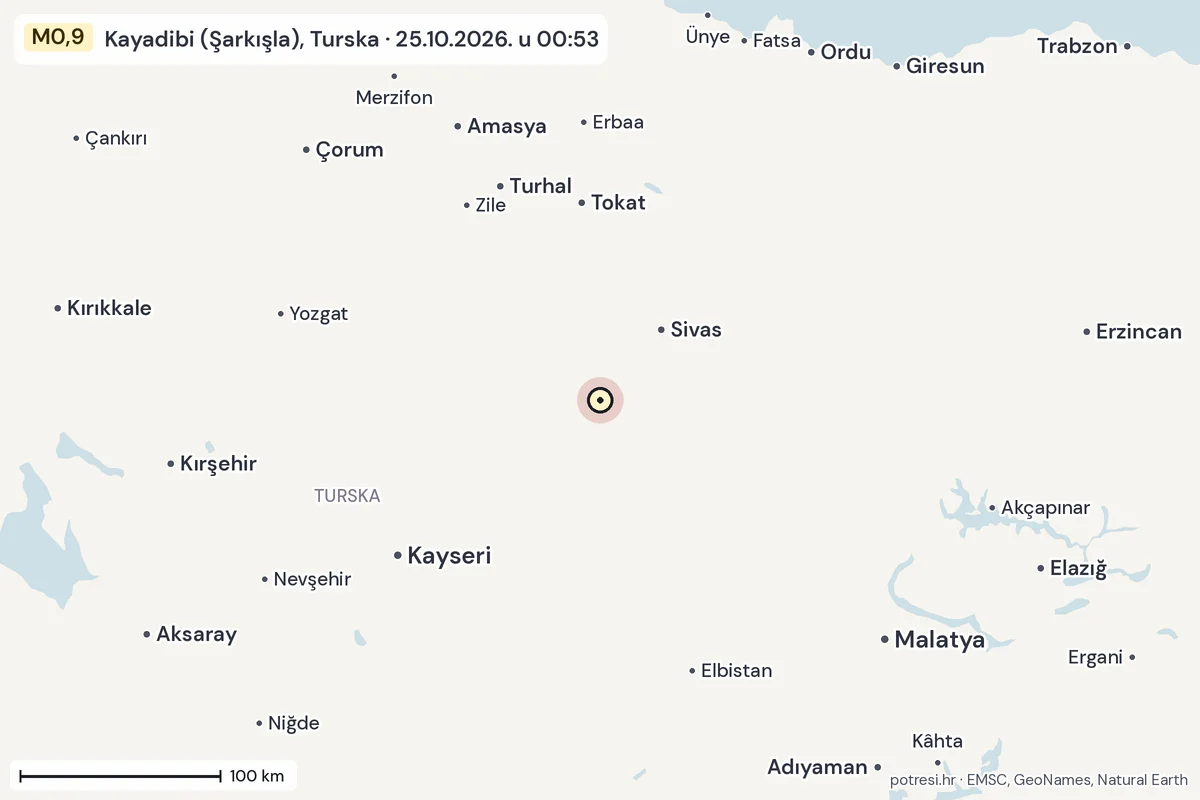 Karta: šire područje, 600 km, potres M0,9, Kayadibi (Şarkışla), Turska, 25.10.2026.