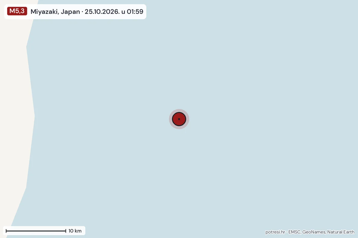 Karta: okolica epicentra, 60 km, potres M5,3, Miyazaki, Japan, 25.10.2026.