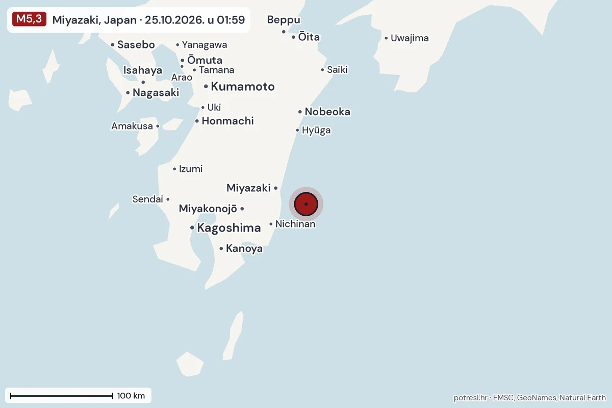 Karta: šire područje, 600 km, potres M5,3, Miyazaki, Japan, 25.10.2026.