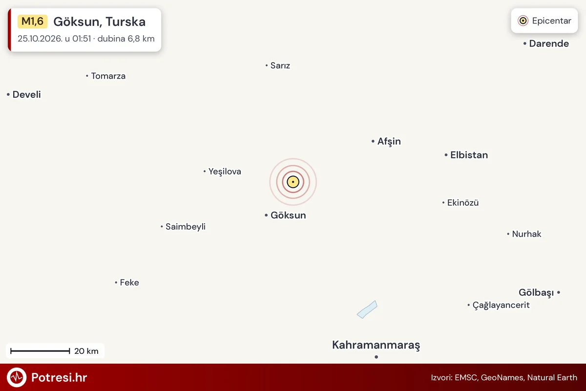 Karta: šire područje i vjerojatni doseg osjeta, potres M1,6, Göksun, Turska, 25.10.2026.