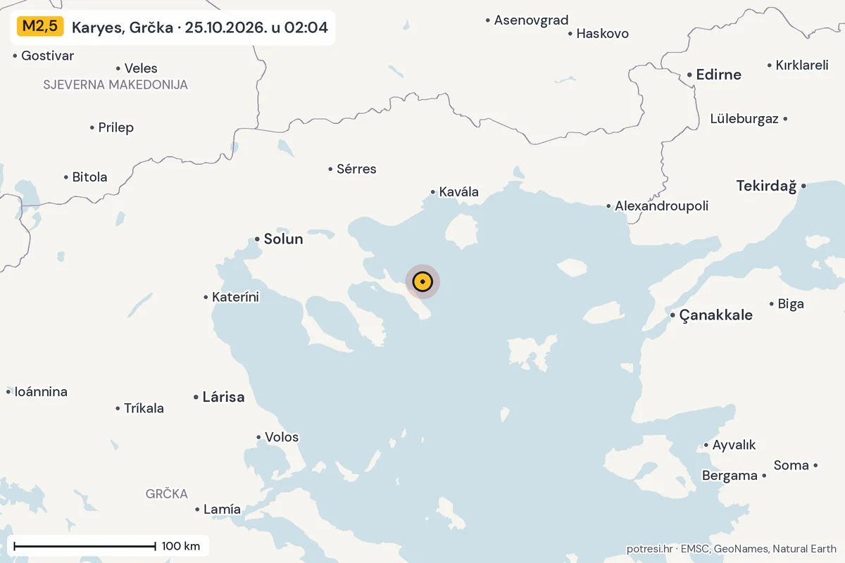 Karta: šire područje, 600 km, potres M2,5, Karyes, Grčka, 25.10.2026.