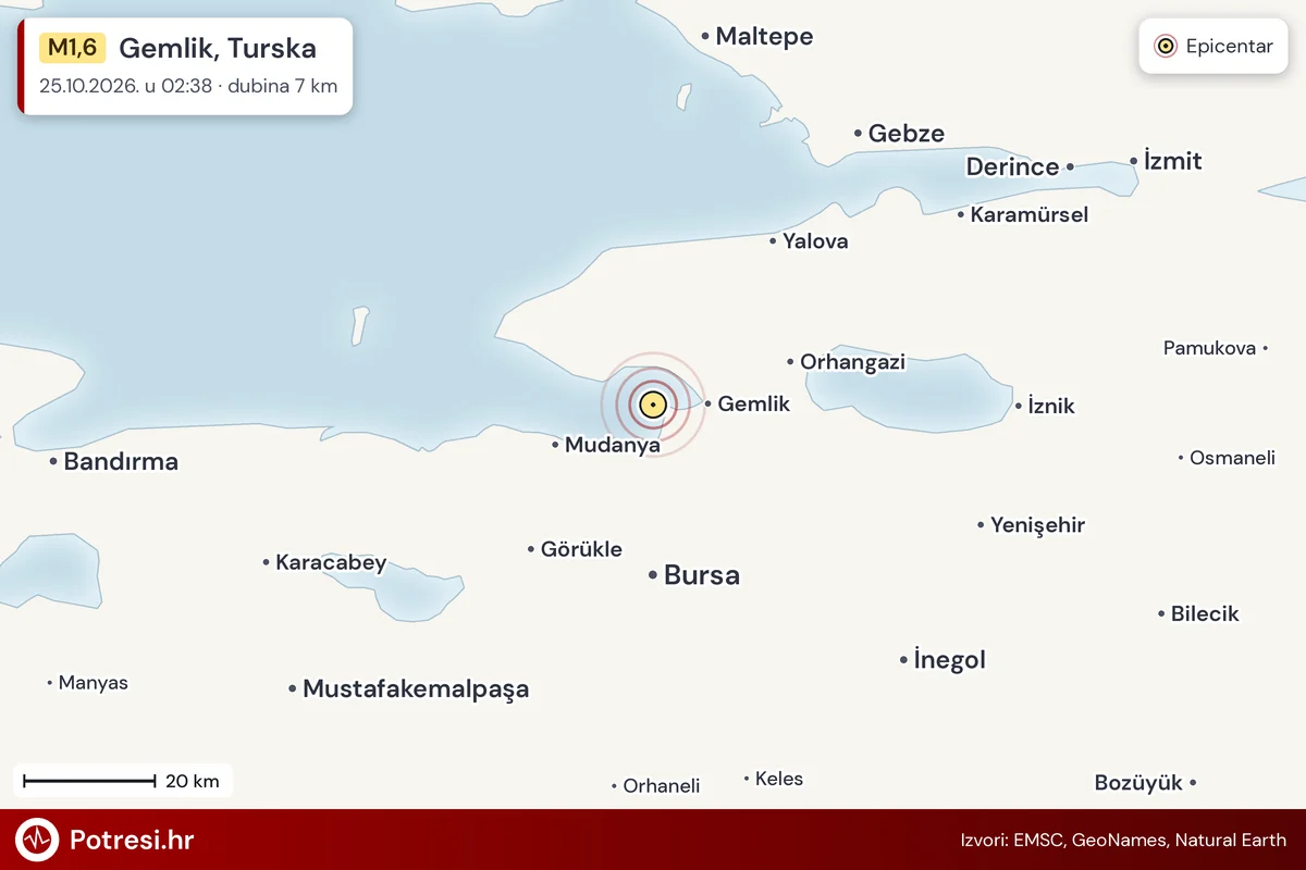 Karta: šire područje i vjerojatni doseg osjeta, potres M1,6, Gemlik, Turska, 25.10.2026.