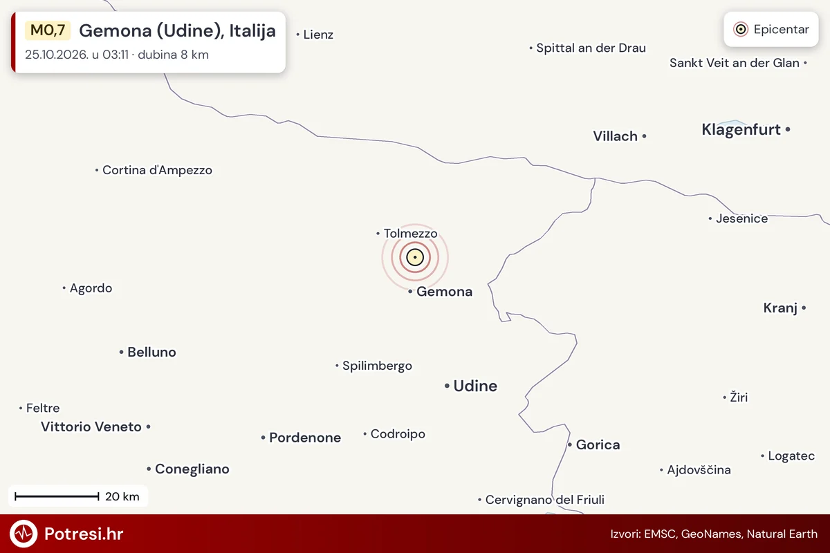 Karta: šire područje i vjerojatni doseg osjeta, potres M0,7, Gemona (Udine), Italija, 25.10.2026.