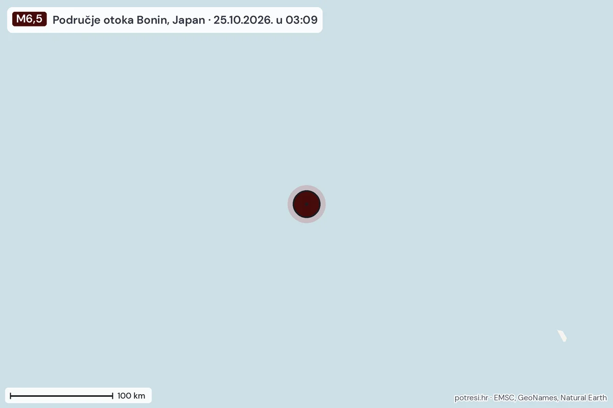Karta: šire područje, 600 km, potres M6,5, Područje otoka Bonin, Japan, 25.10.2026.