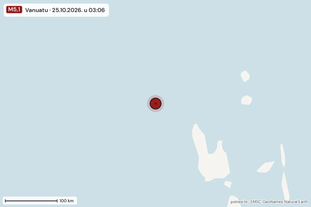 Karta: šire područje, 600 km, potres M5,1, Vanuatu, 25.10.2026.