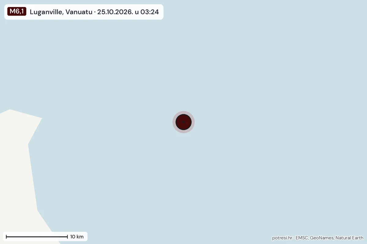Karta: okolica epicentra, 60 km, potres M6,1, Luganville, Vanuatu, 25.10.2026.