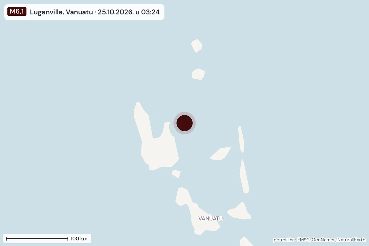 Karta: šire područje, 600 km, potres M6,1, Luganville, Vanuatu, 25.10.2026.