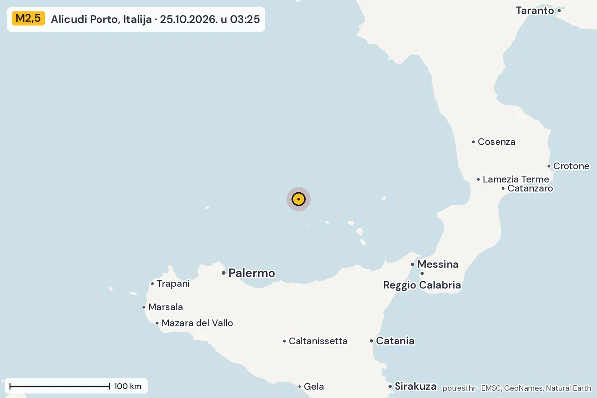 Karta: šire područje, 600 km, potres M2,5, Alicudi Porto, Italija, 25.10.2026.