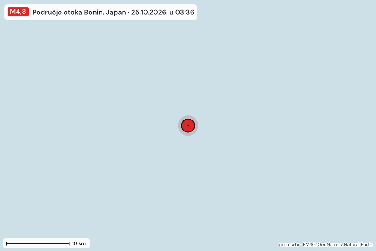 Karta: okolica epicentra, 60 km, potres M4,8, Područje otoka Bonin, Japan, 25.10.2026.