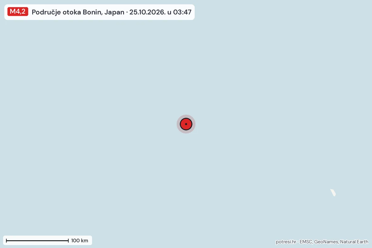 Karta: šire područje, 600 km, potres M4,2, Područje otoka Bonin, Japan, 25.10.2026.