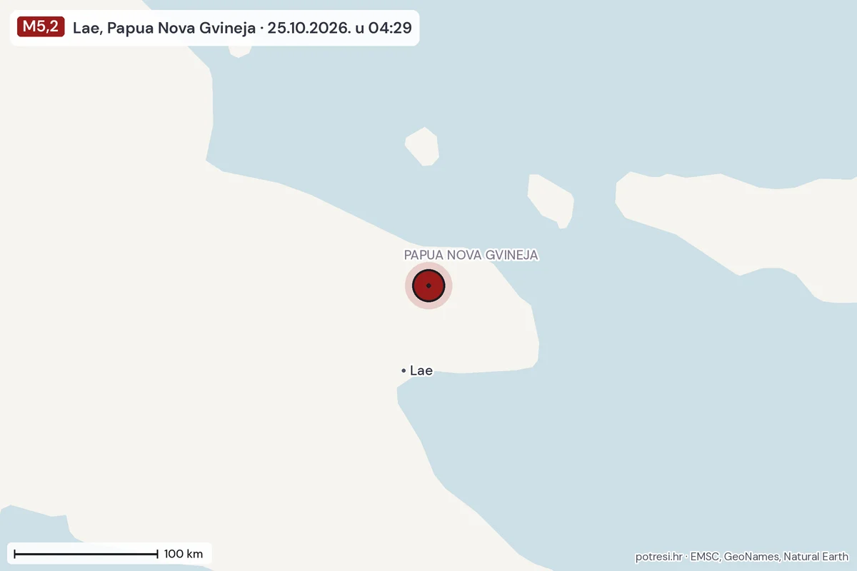 Karta: šire područje, 600 km, potres M5,2, Lae, Papua Nova Gvineja, 25.10.2026.