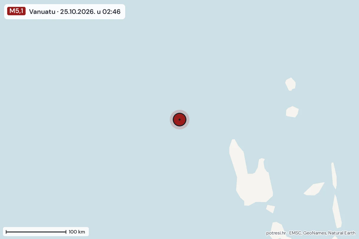 Karta: šire područje, 600 km, potres M5,1, Vanuatu, 25.10.2026.