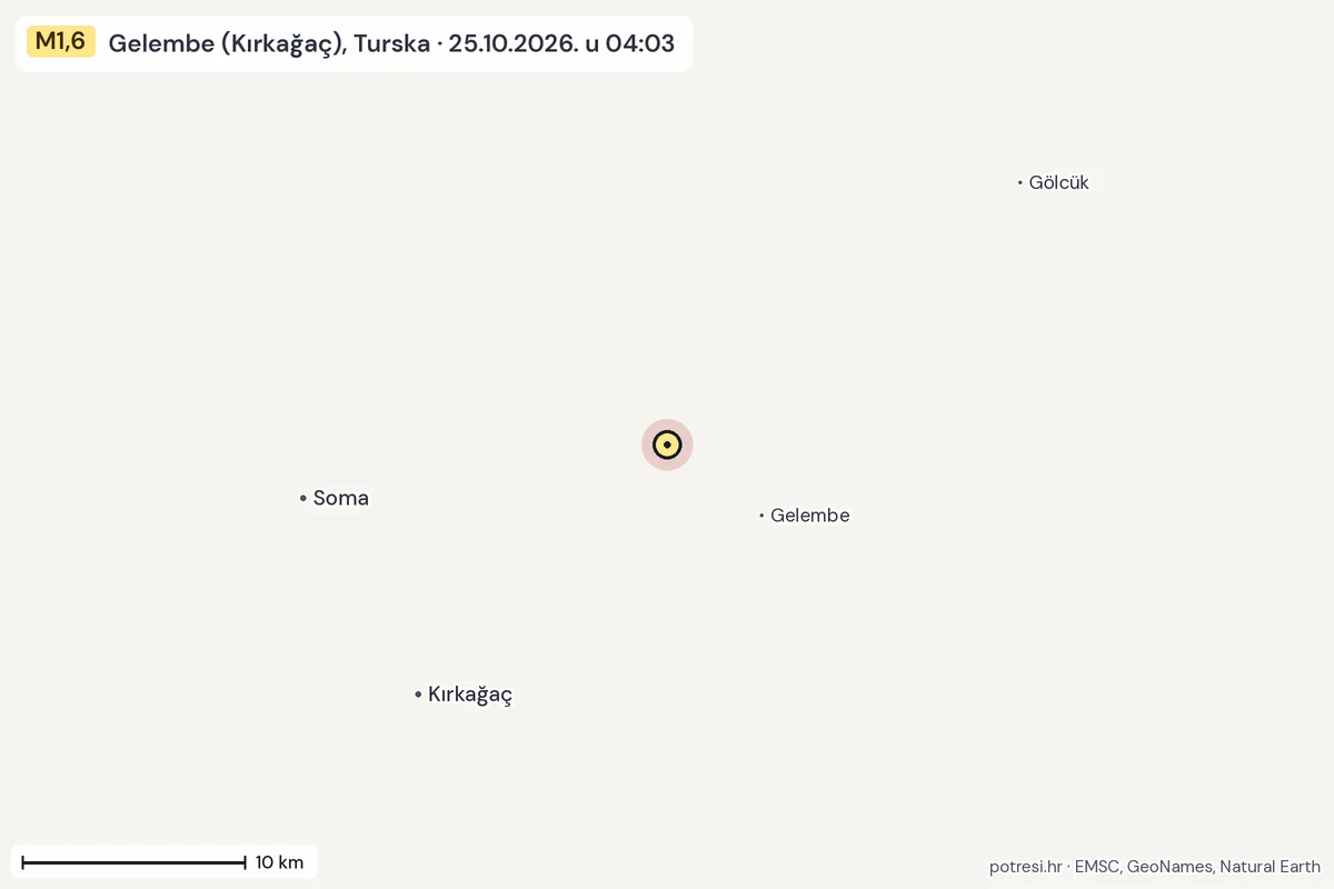 Karta: okolica epicentra, 60 km, potres M1,6, Gelembe (Kırkağaç), Turska, 25.10.2026.
