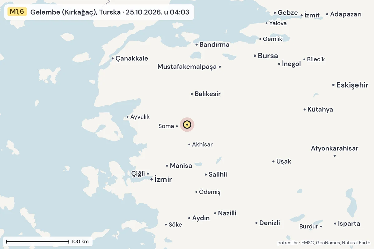 Karta: šire područje, 600 km, potres M1,6, Gelembe (Kırkağaç), Turska, 25.10.2026.