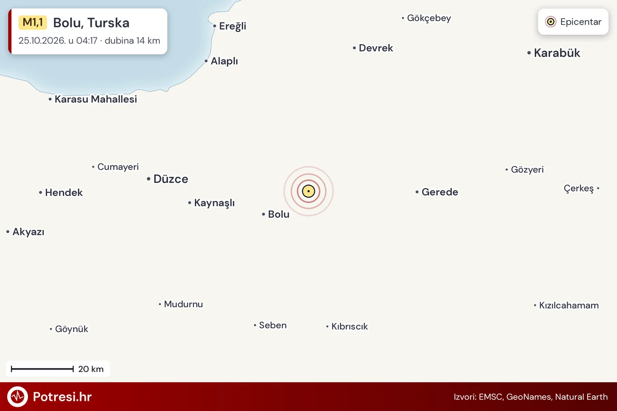 Karta: šire područje i vjerojatni doseg osjeta, potres M1,1, Bolu, Turska, 25.10.2026.