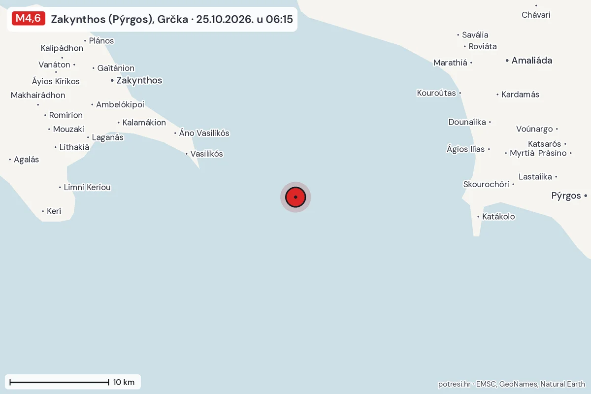 Karta: okolica epicentra, 60 km, potres M4,6, Zakynthos (Pýrgos), Grčka, 25.10.2026.